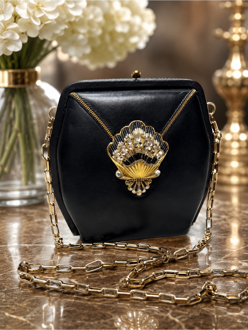 Vntg COCCINELLE Italy Embellished Seashell Frame Bag Clutch w/ Chain Strap